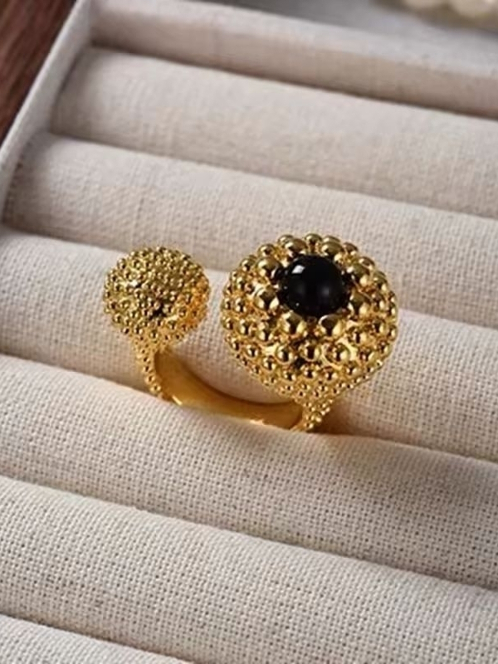 Gold tone Open Beaded Ring with Black Accent - Women's Jewelry